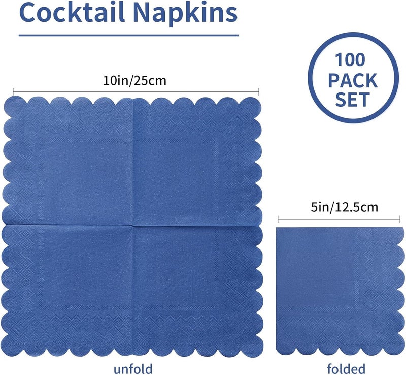 BEFORYOU 100 Pack Cocktail Napkin 2-Ply Scalloped Edged Dessert Napkins Folded 5 x 5 Inches Disposable Napkins for Dinner Wedding Birthday Party Bridal Anniversary Reception Event (Navy Blue) - Image 2